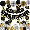 Birthday Decorations, Happy Birthday Banner with Birthday Balloons, Honeycomb Balls, Hanging Swirls, Circle Dots Garland, Happy Birthday Party Decorations for Women Men Boys Girls (Black&Gold)