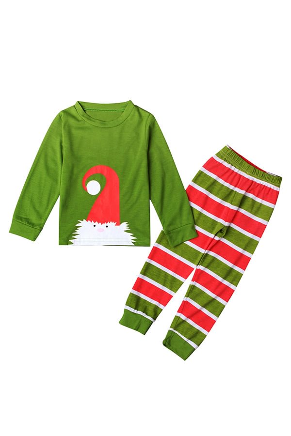 Long Sleeve Cartoon Santa Print Stripe Kids Boys Christmas Pajama Green-elleschic