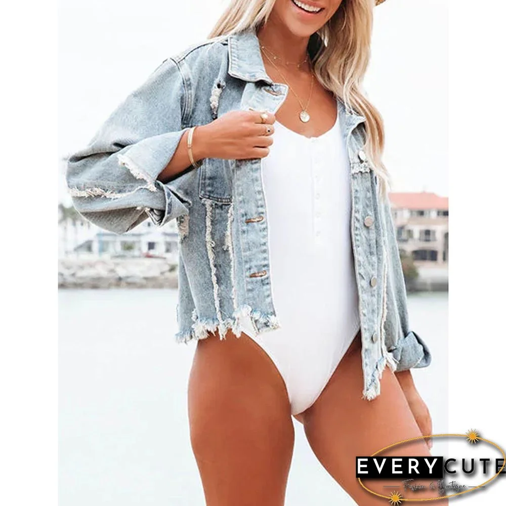 Light Blue Distressed Raw Hem Denim Jacket
