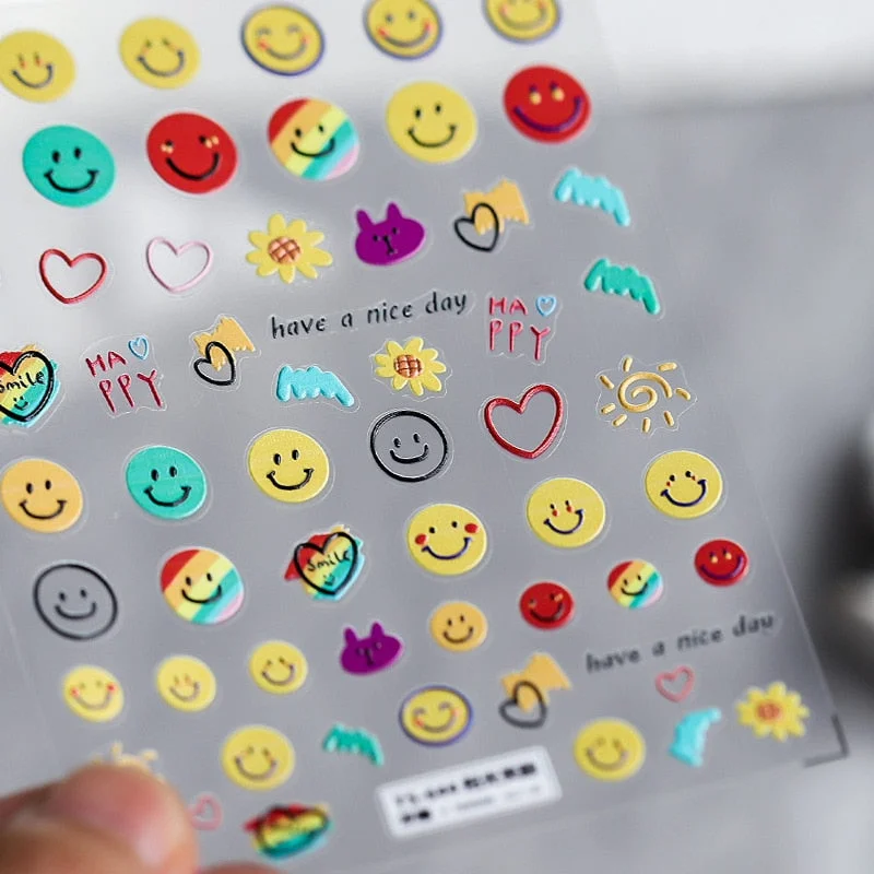 1 Sheet 5D High Quality Ultra-Thin Adhesive Smiley Nail Art Stickers Spring and Summer Cute Smile DIY Manicure Decal Decoration-Nail Inspo