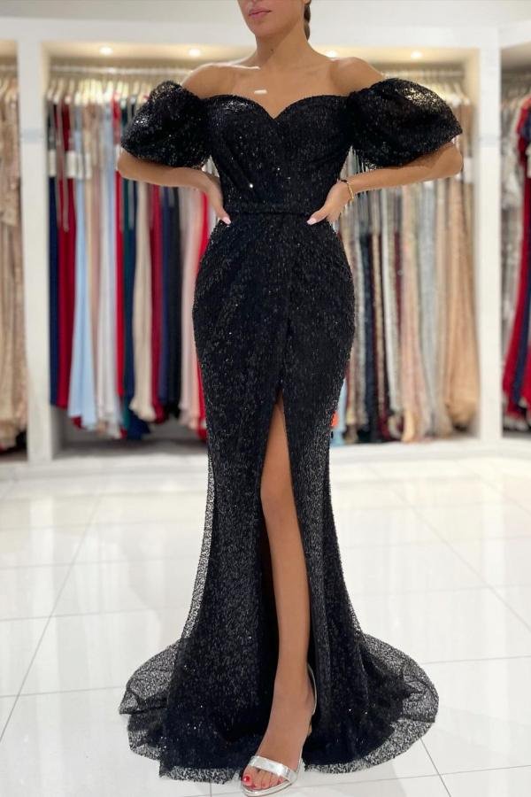 Luluslly Black Off-the-Shoulder Sequins Evening Dress Mermaid Long