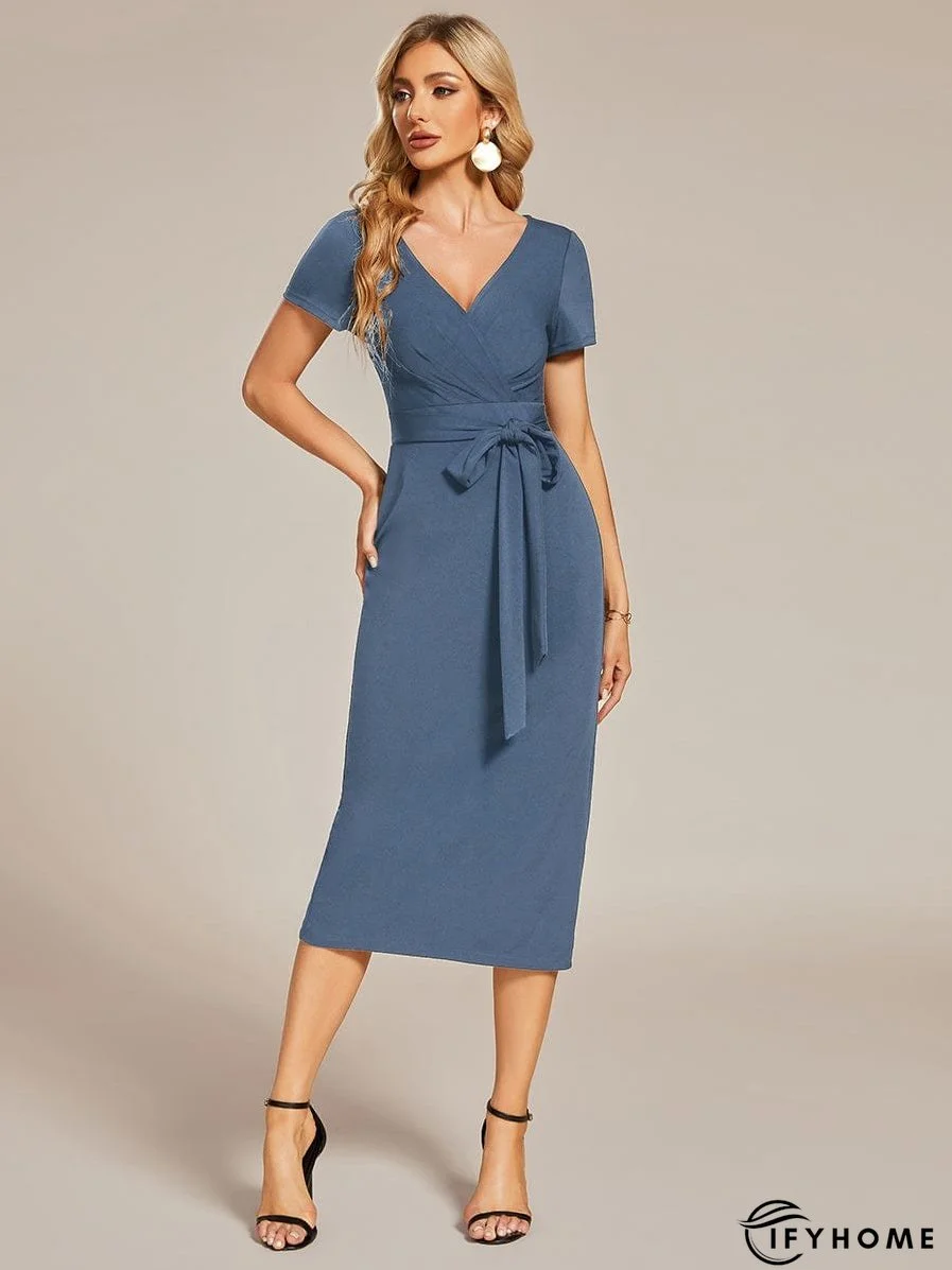 Elegant Deep V Neck Short Sleeve Cocktail Dress with Waist Belt | IFYHOME