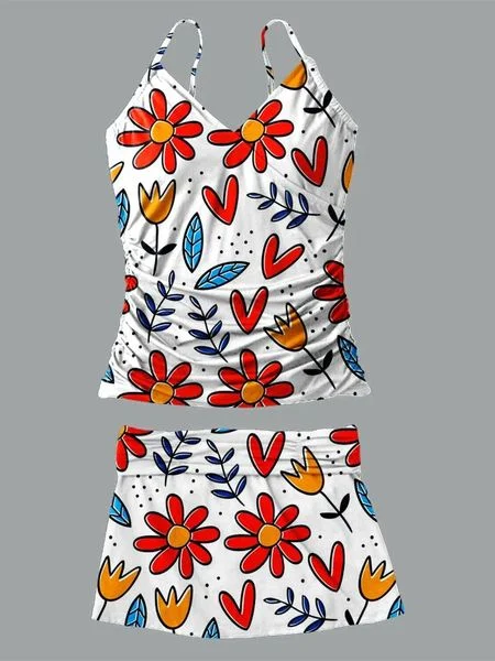 V Neck Retro Pattern Print Suspender Bikini Pants Set Swimsuit