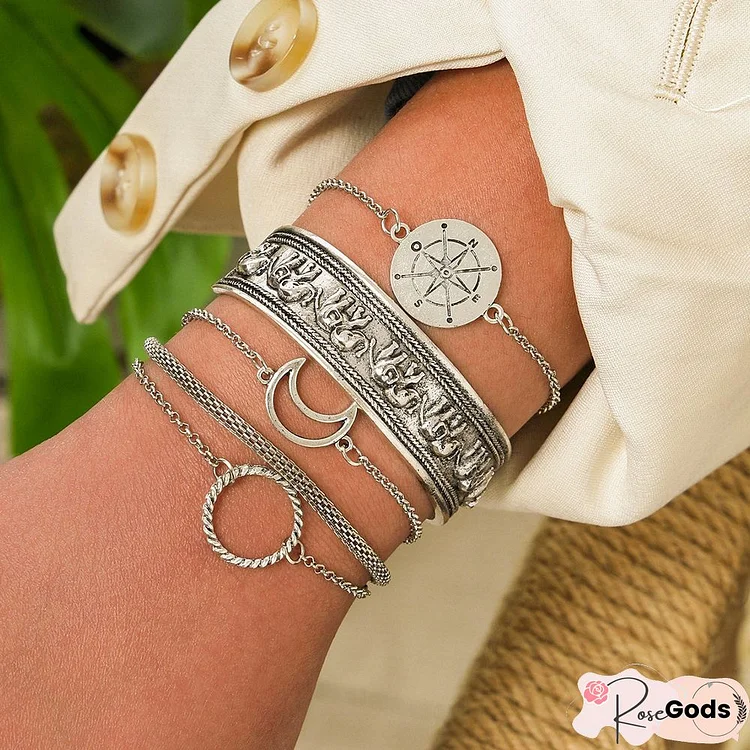 5Pcs Moon & Ring Decor Elephant Pattern Bracelet