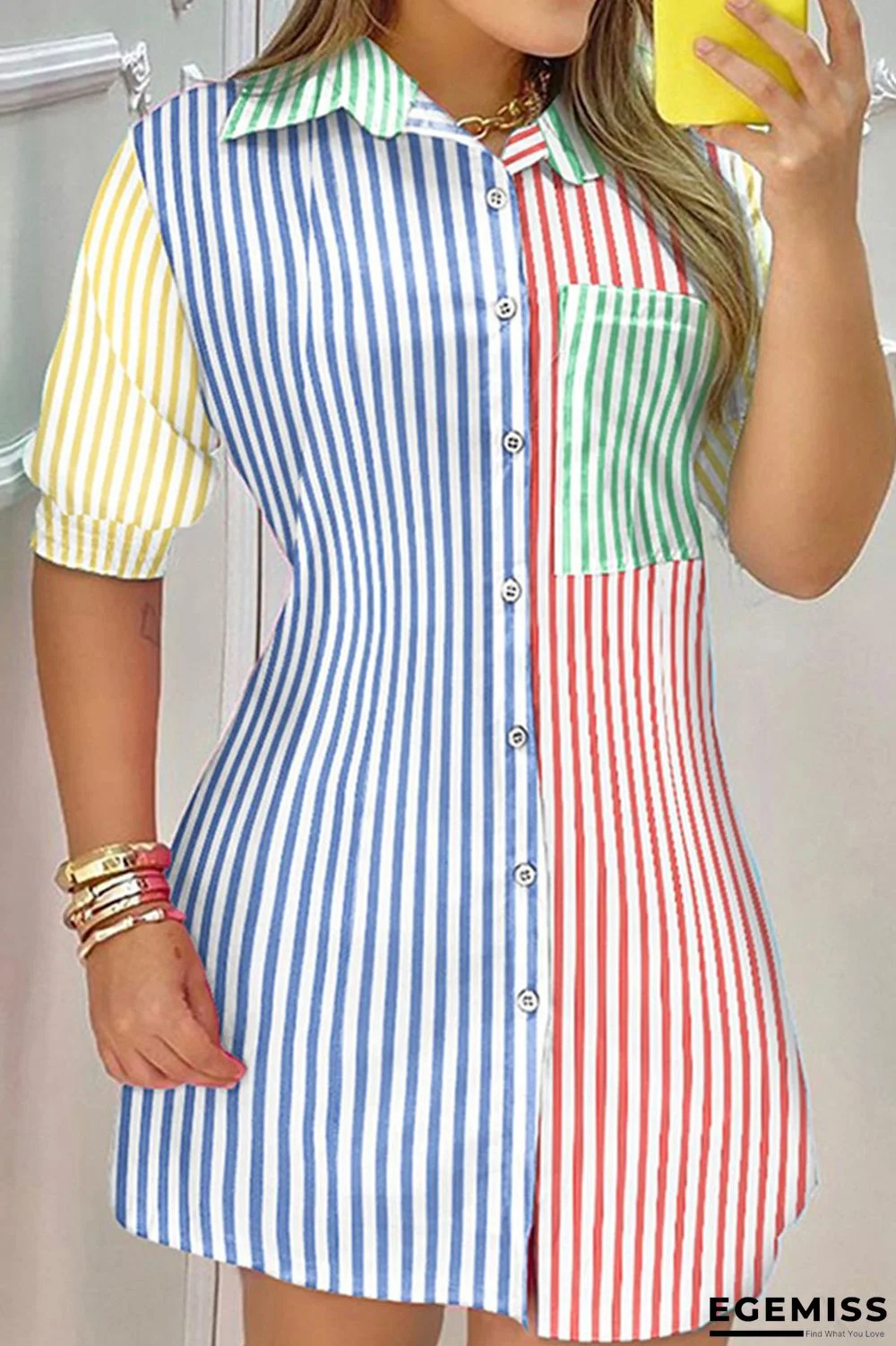Stripe Casual Print Patchwork Buckle Turndown Collar Dresses | EGEMISS