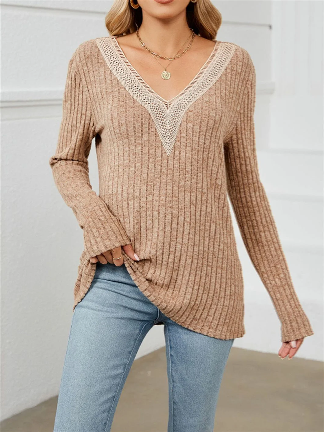 Women's Stitching Lace Solid Color Stitching V-neck Long Sleeve Top