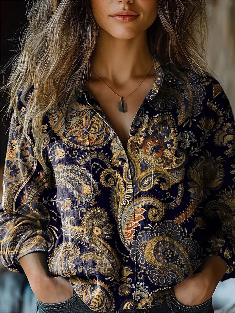 Women's Vintage Paisley Print Casual Long Sleeve Comfortable Cotton Shirt