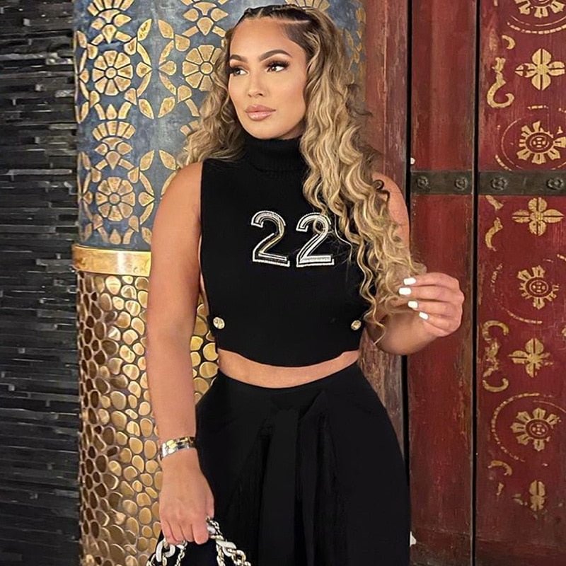 ANJAMANOR Embroidery Letter Sexy Crop Tops Women 2022 Club Side Button Hollow Out Turtleneck Tank Top Sleeveless Tshirts D87BD18