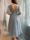 Blue Sparkling Tulle Puff Lantern Sleeve Tea Length Dress Fairycore Ball Gown Formal Robe A Line Corset Bodice Deep V Neck Pocketed Dresses