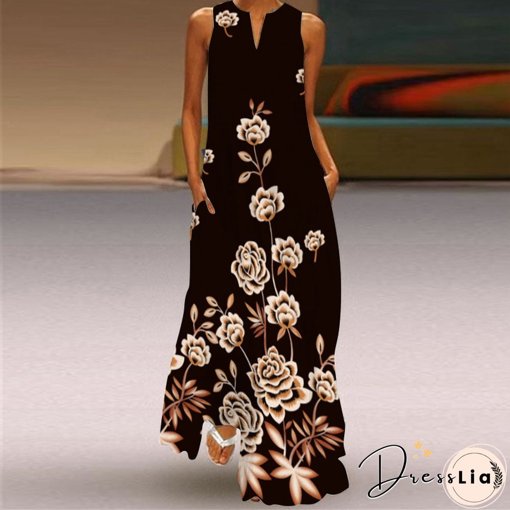 New Fashion Print Summer Dress Casual Sexy Boho Beach Women Party V-neck Sleeveless Pocket