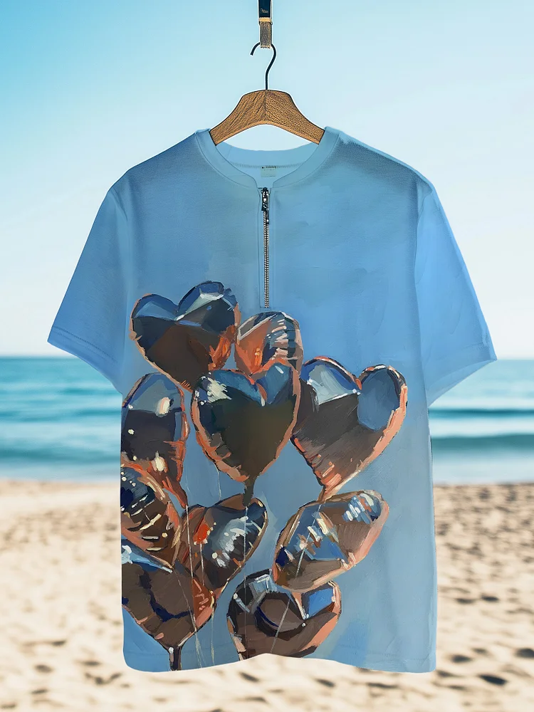 Men's Heart Shaped Balloon Oil Painting Printed Half Zip T-Shirt