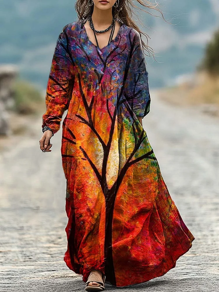 Women's Retro Gradient Art Print Pocket Cotton Dress