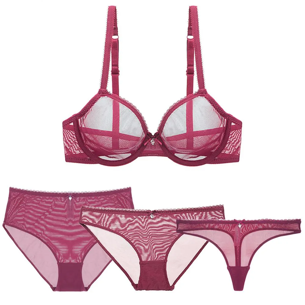Varsbaby Sexy Transparent Underwear Set 4pcs Bras+Panties+Thongs+High Waist Briefs For Women