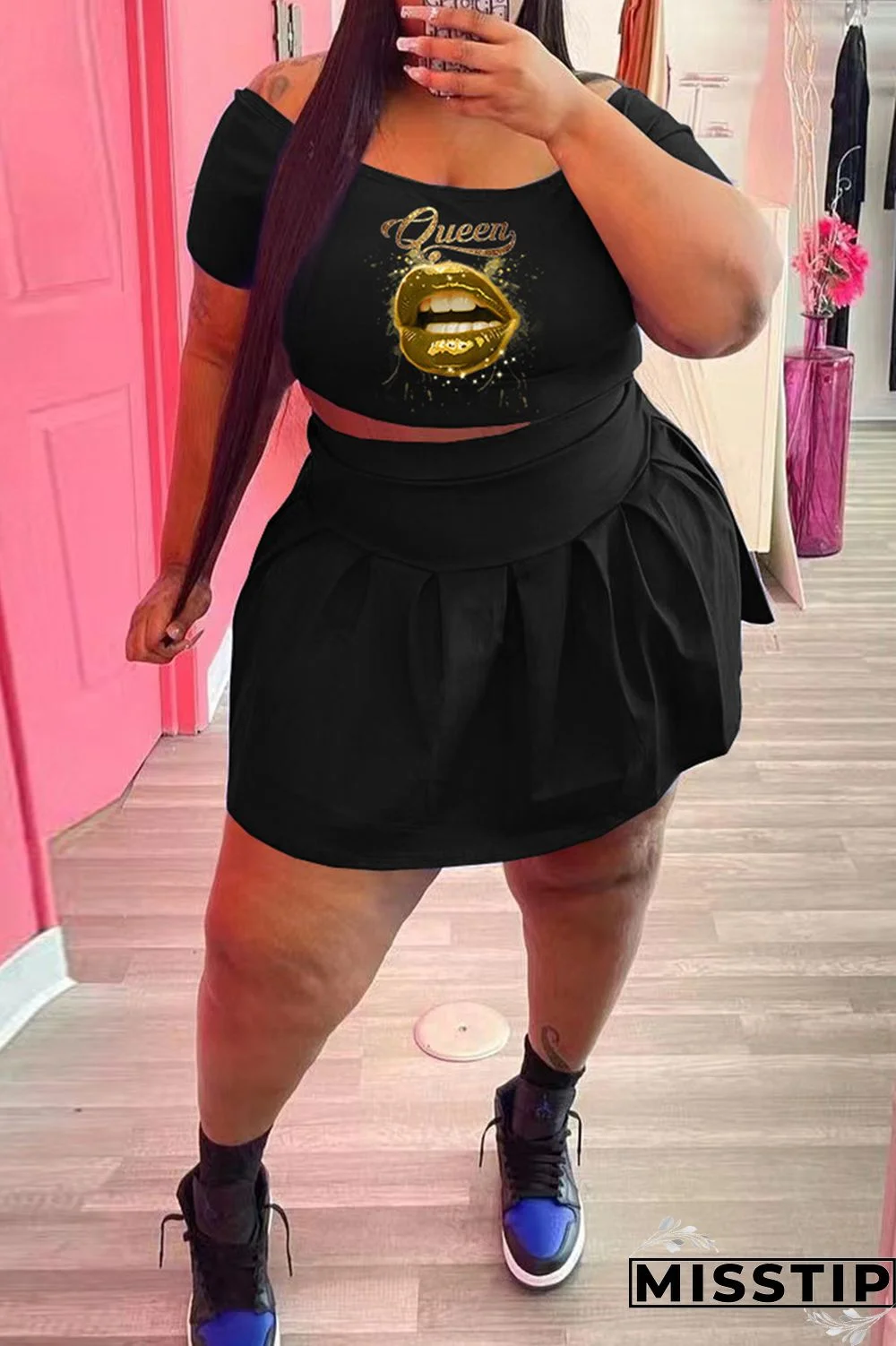 Black Fashion Casual Lips Printed Basic O Neck Short Sleeve Two Pieces