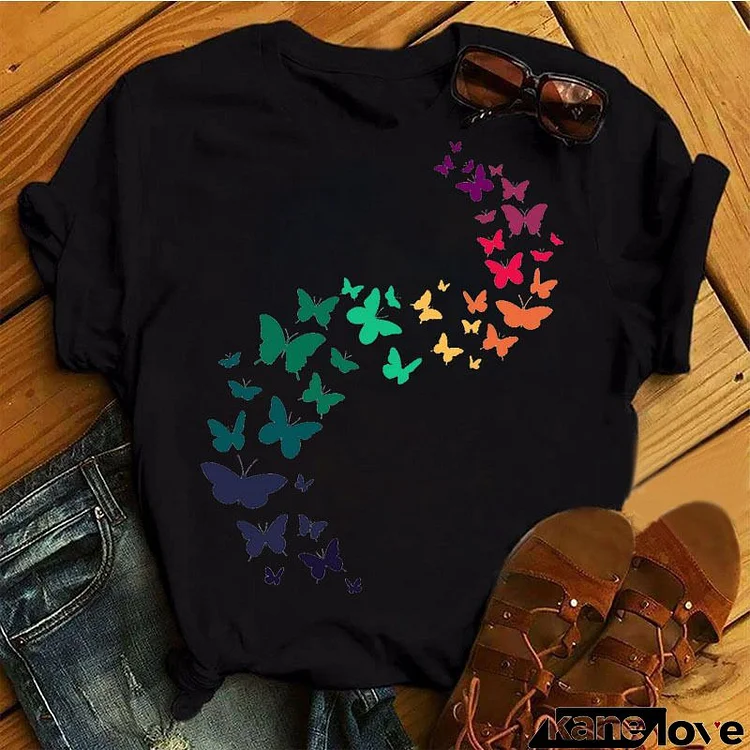 Fashion Women's Short Sleeve Butterfly Rose Printed Round Neck T-Shirt