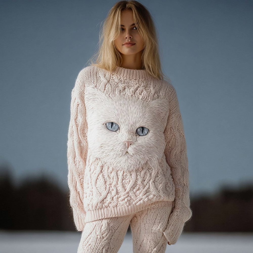 Cute Cat Face Embroidered Cozy Knit Sweater