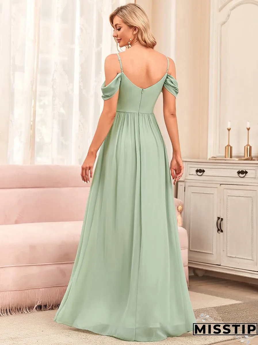 A Line Floor Length Deep V Neck Wholesale Bridesmaid Dresses