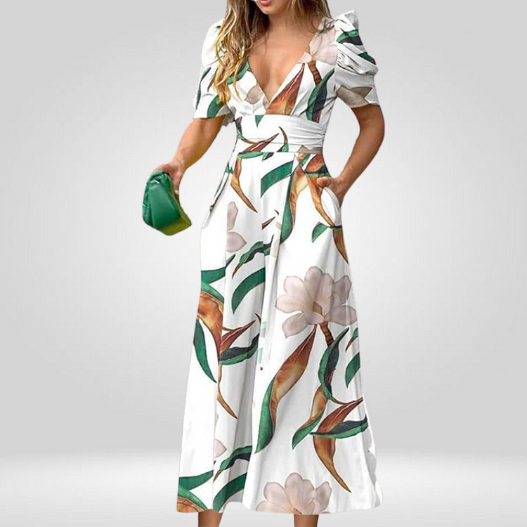 Women's Printed V-Neck Waisted Trousers Short Sleeve Jumpsuit