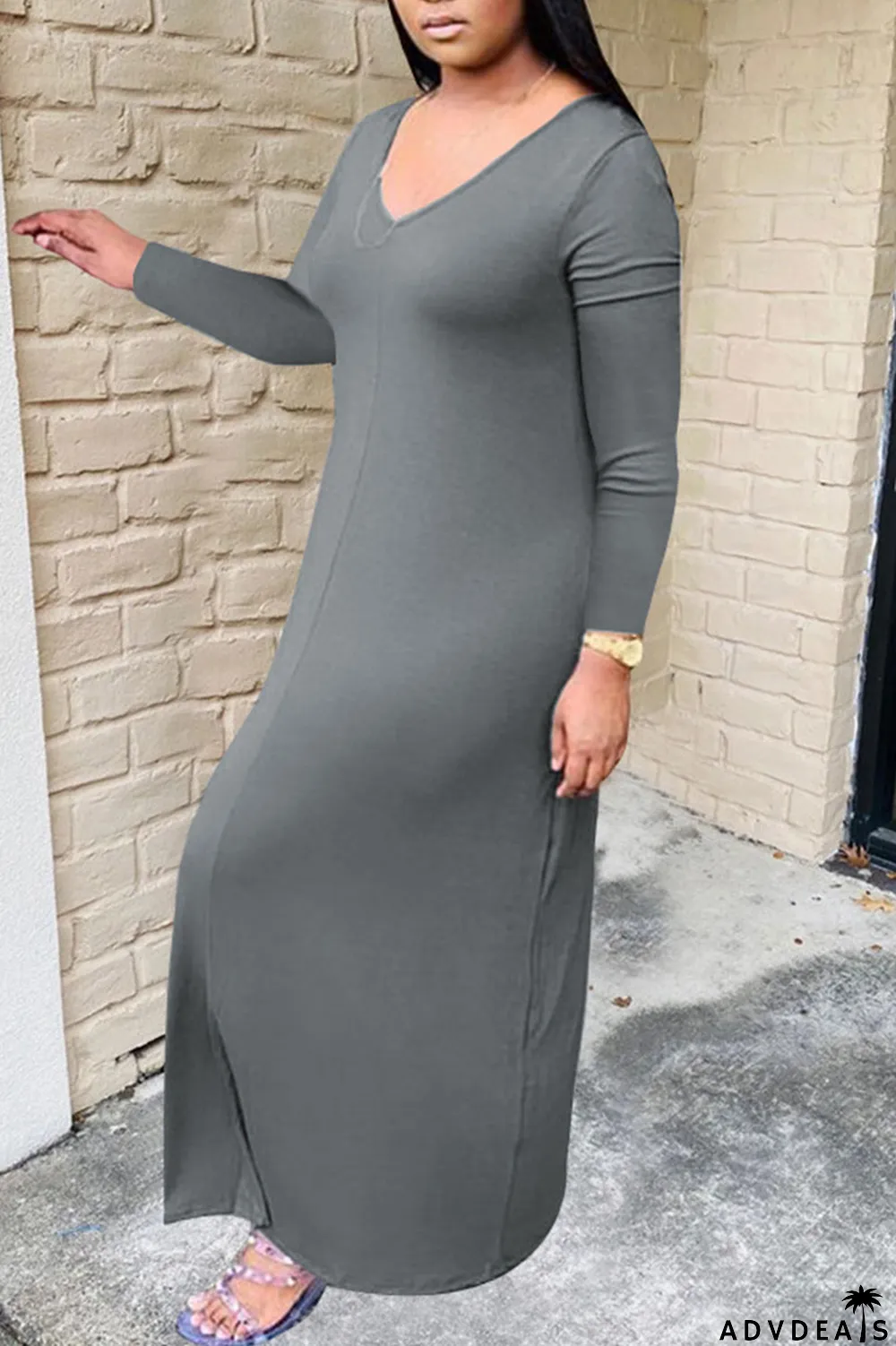 Grey Casual Solid Patchwork V Neck Long Sleeve Plus Size Dresses