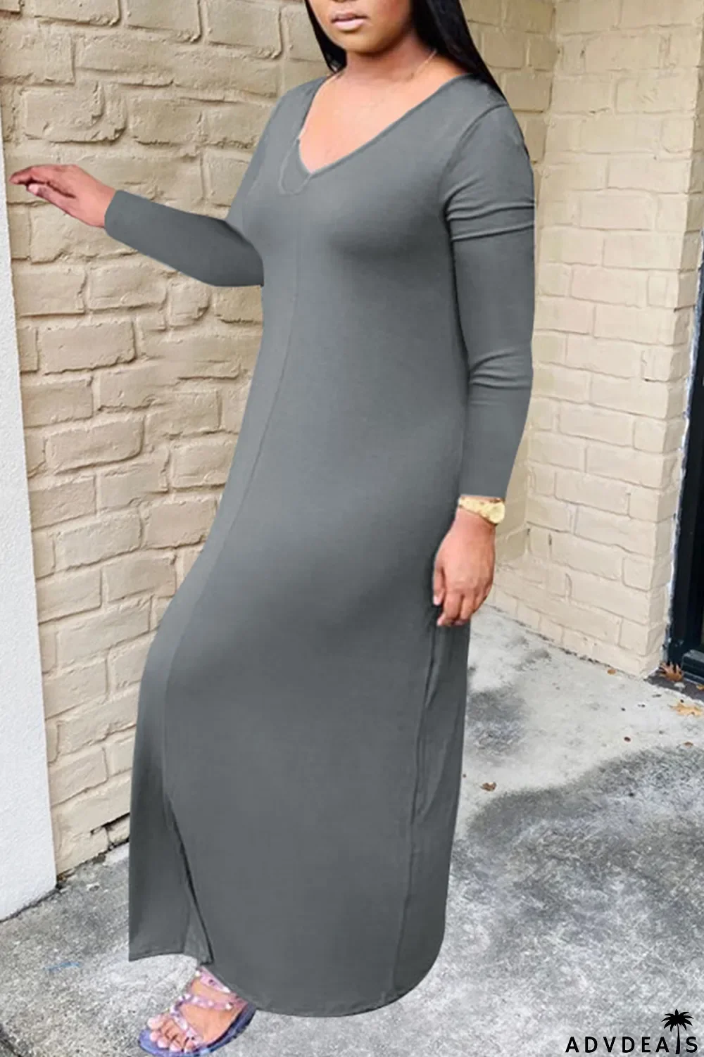 Grey Casual Solid Patchwork V Neck Long Sleeve Plus Size Dresses
