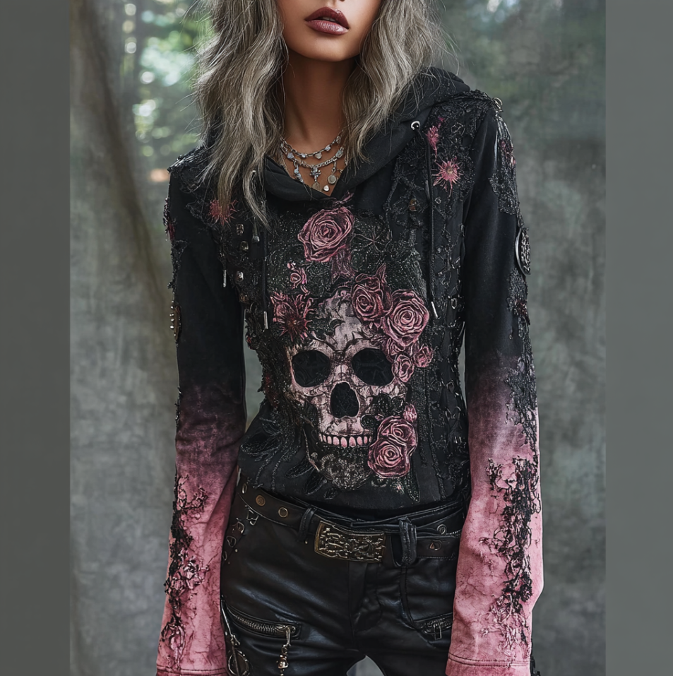 A Retro Women's Black-pink Gradient Hooded Top With Gothic Skull And Floral Elements Design For Halloween.