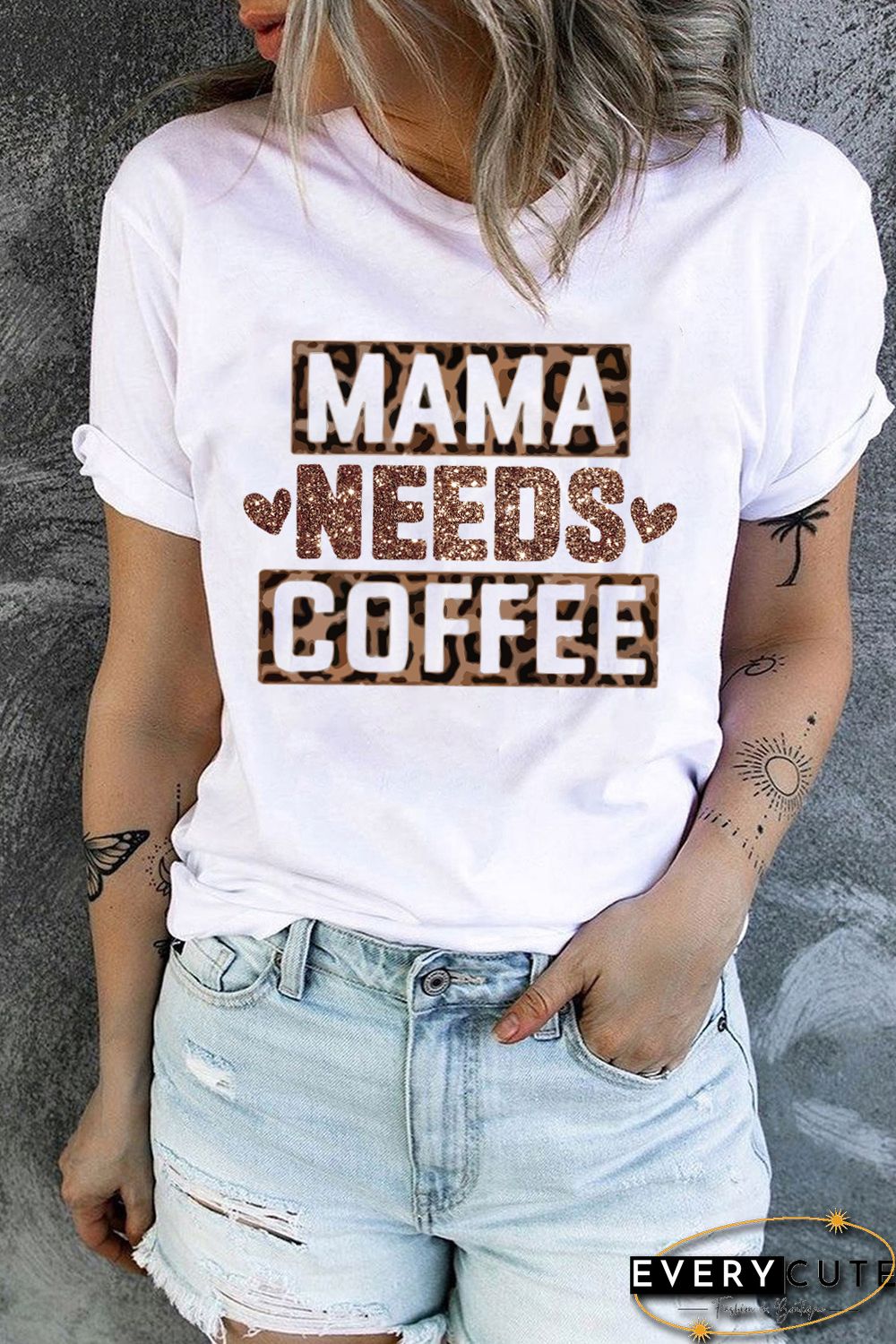 White Letter Leopard Sequin Print Short Sleeve T-shirt