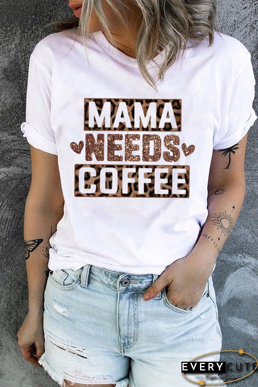 White Letter Leopard Sequin Print Short Sleeve T-shirt