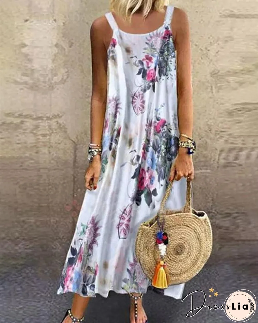 Floral Printed Sleeveless Spaghetti Summer Holiday Daily Fashion Maxi Dresses