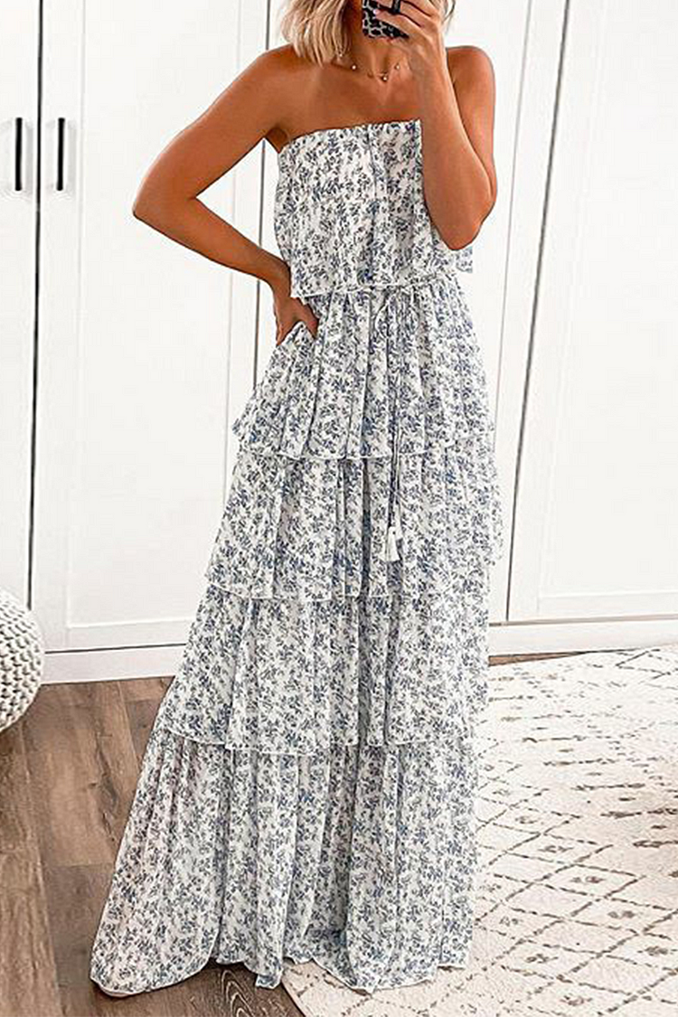 Casual Floral Strapless Cake Skirt Dresses