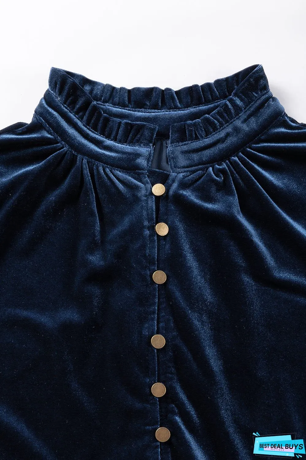 Frill Half Button Mock Neck Long Sleeve Blouse
