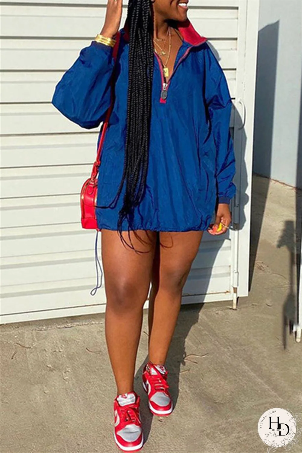 Deep Blue Fashion Casual Solid Split Joint Zipper Collar Long Sleeve Dresses