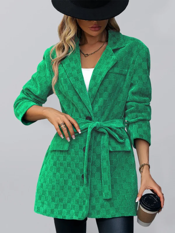 Women's Tie Checkerboard Corduroy Blazer Flusfy