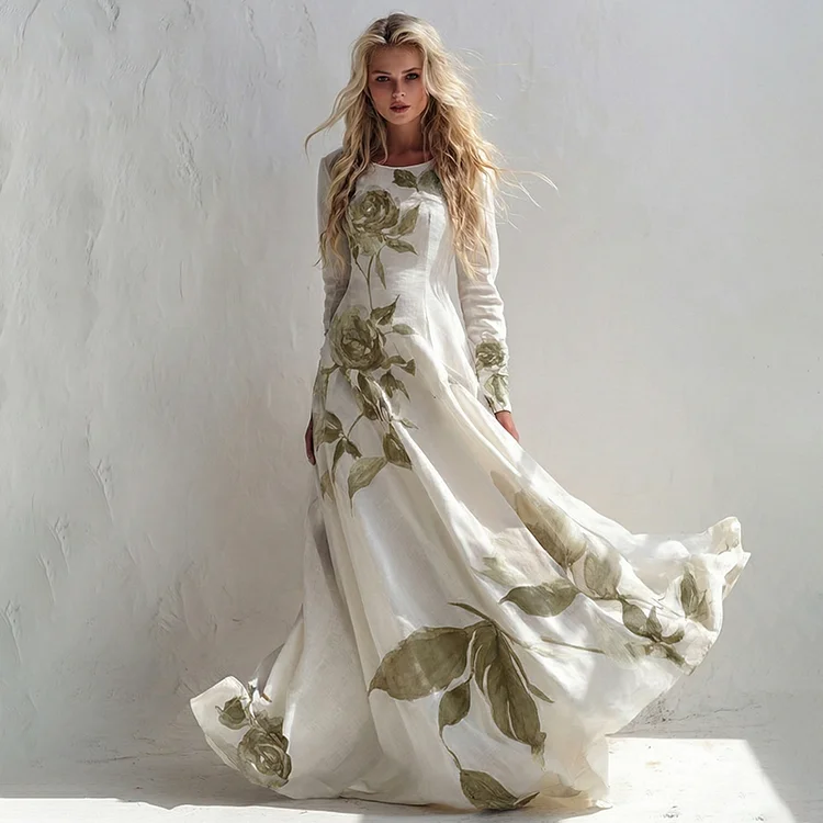 Women's Vintage Floral Art Long Sleeve Maxi Dress