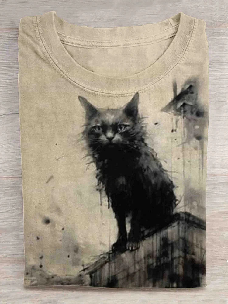 Halloween Standing On The Roof Black Cat Art Print Casual T-Shirt