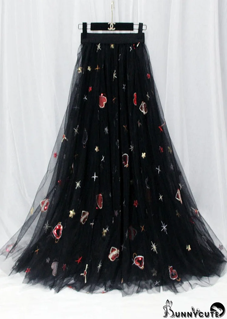 Women Black Hearts Embroideried Floral Sequins Tulle Long Skirt Spring