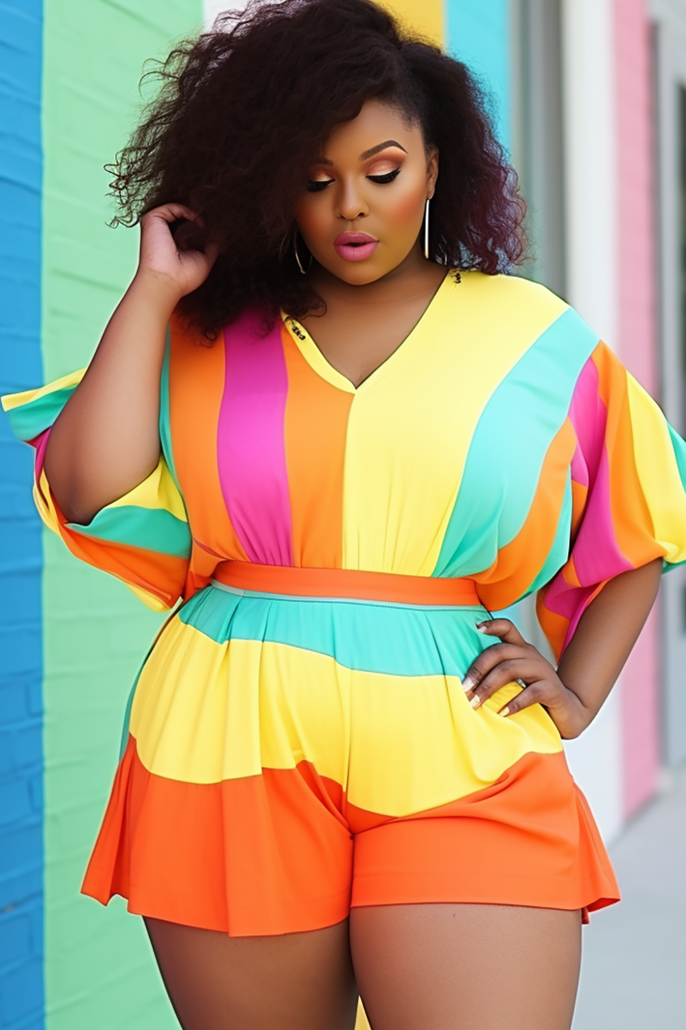 Design Plus Size Vacation Multicolor Colorblock V Neck Half Sleeve Knitted Two Piece Short Sets [Pre-Order]