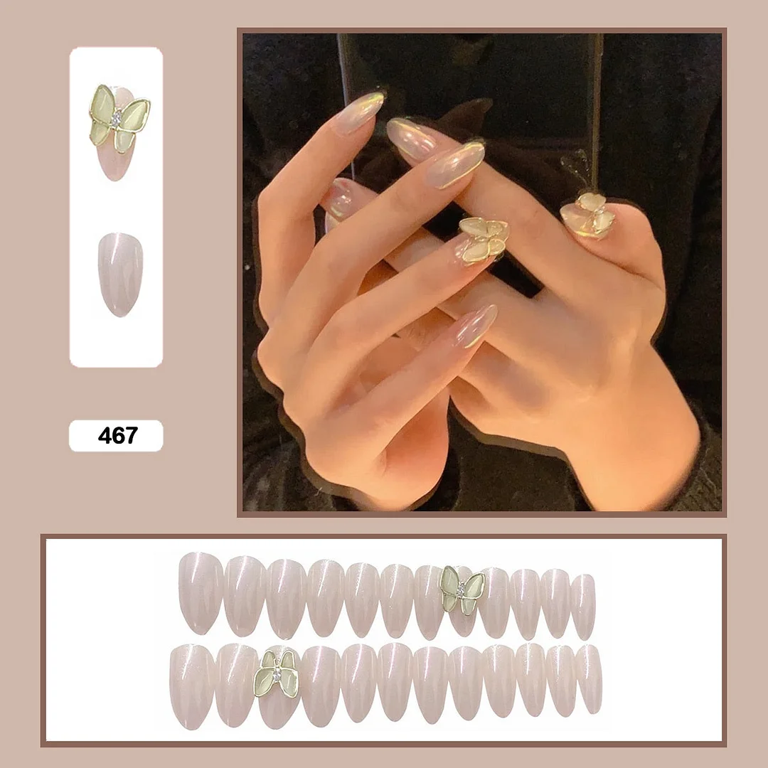 24pcs Stereoscopic Butterfly Light Luxury Elegant Nude Lady Style Removable Nail False Nail Manicure Tool-Nail Inspo