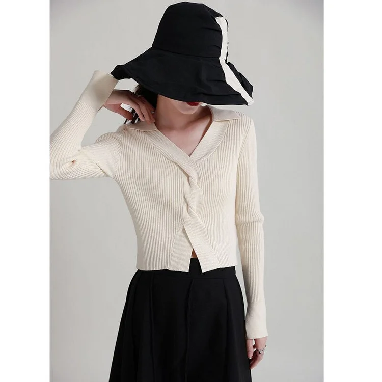 Chic Solid Color V-Neck Knot Long Sleeve Knitted Sweater