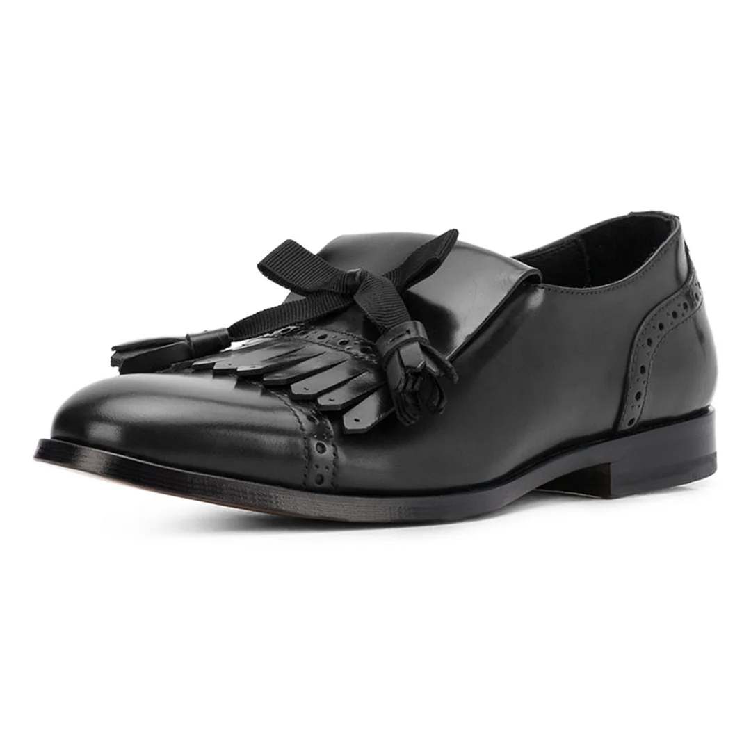 Black Vegan Leather Round Toe Fringe Bow Inlay Women's Loafers