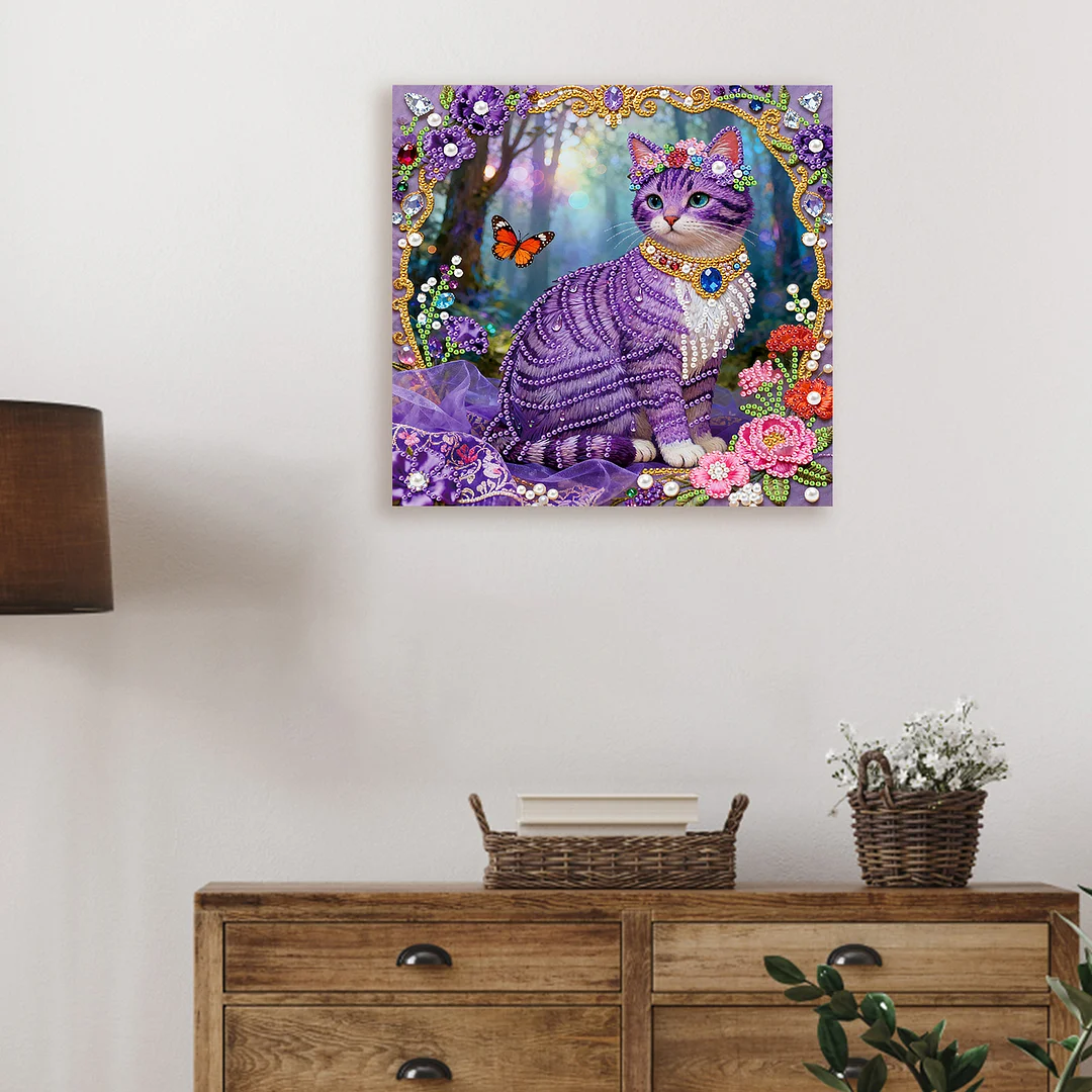 Purple Cat Art Diamond Painting Kit for Adults Home Decor 25x25cm With Frame