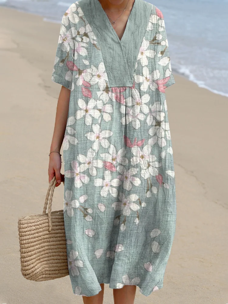 Comstylish Cherry Blossom Print Linen Blend Dress