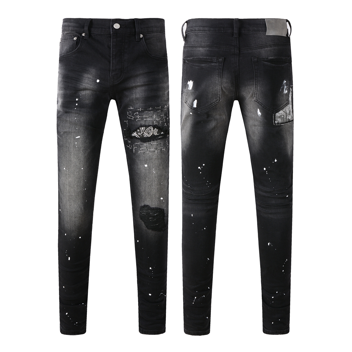 Bonushow American High Street brand purples Jeans Men fashion Retro wash Distressed Elastic Skinny Jeans Button Fly Ripped Pants Trousers