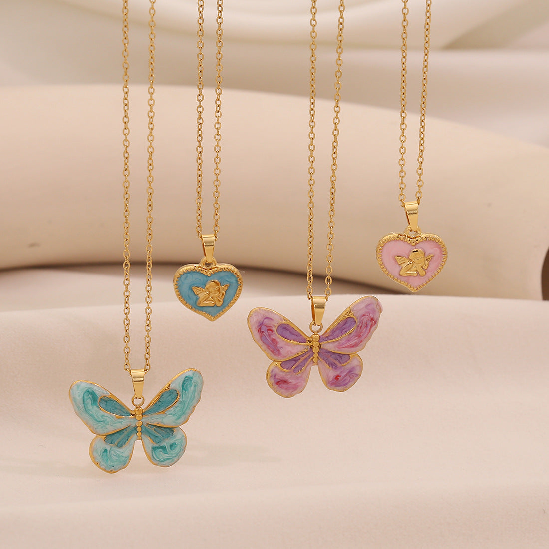 Retro Oil Drop Butterfly Pendant Necklace Fashion Angel Love Stainless Steel Clavicle Chain N1535