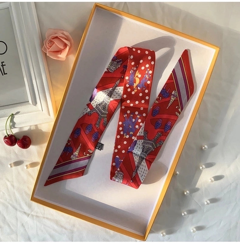 Women’s Minimalist Classic Style Color Block Satin Printing Silk Scarf