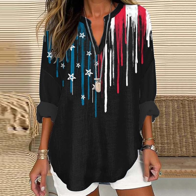 Comstylish Women's Independence Day Print Casual Long Sleeve V-Neck Blouses