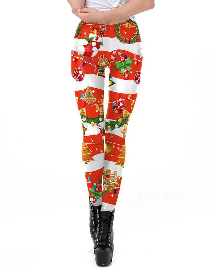 Mayoulove Cute Christmas Candy Wreath Stocking Printed Red Christmas Leggings-Mayoulove
