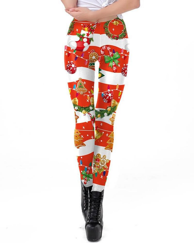 Mayoulove Cute Christmas Candy Wreath Stocking Printed Red Christmas Leggings-Mayoulove