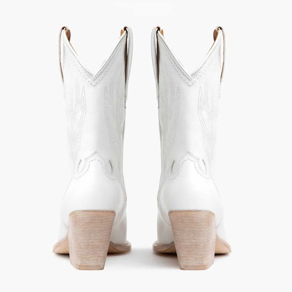 Chunky Heel Pointed Toe Mid Calf White Western Boots for Women