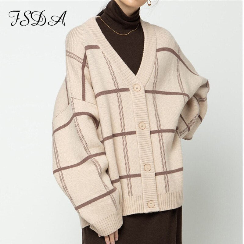 FSDA 2021 Oversized Cardigan Women V Neck Autumn Winter Long Sleeve Brown Loose Casual Sweater Knitted Fashion
