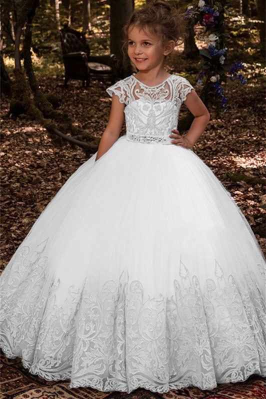 Lovely Short Sleeves Lace Flower Girl Dress Ball Gown Tulle With Beads - lulusllly